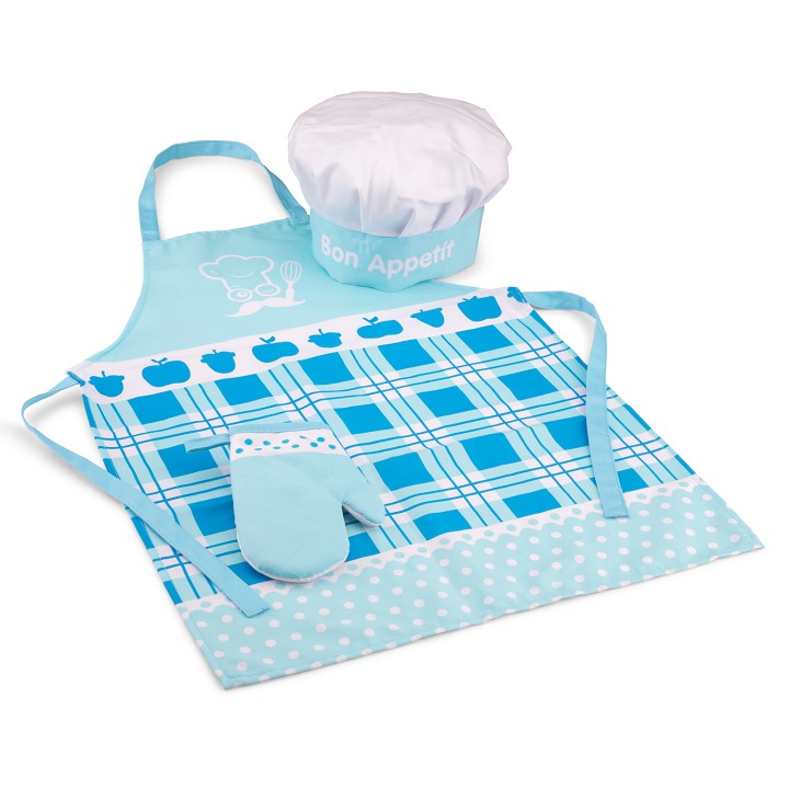 Kookschort met koksmuts en ovenwant - blauw
